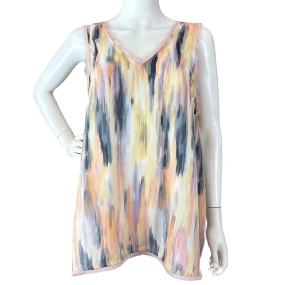 Torrid Abstract Watercolor Sheer Frayed Top Multicolor Pink Blue Size 0 Large - Picture 1 of 9